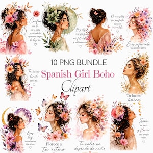 May include: A digital art bundle featuring ten PNG images of women with floral and butterfly accents. The illustrations have a boho style, with soft watercolor textures and inspirational quotes in Spanish. The text "Spanish Girl Boho Clipart" is also included.