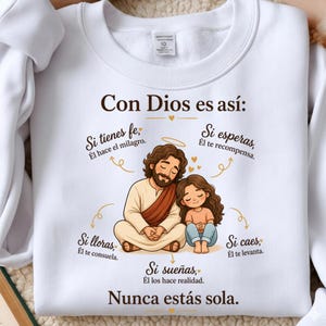 May include: A white crewneck sweatshirt featuring a graphic illustration of a bearded figure with a halo sitting beside a person with long brown hair. The text reads: Con Dios es así: Si tienes fe, Él hace el milagro. Si esperas, Él te recompensa. Si lloras, Él te consuela. Si caes, Él te levanta. Si sueñas, Él los hace realidad. Nunca estás sola.
