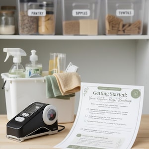 Puede incluir: Una rotuladora en blanco y negro junto a una lista de verificación impresa titulada Getting Started: Your Kitchen Reset Roadmap. Detrás hay un recipiente de plástico blanco con un pulverizador, un dispensador de jabón y tres paños de limpieza doblados.