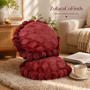 Round Boho Pillow Covers Set of 2, Rust Red Tufted Pom Pom Cushion Cases, 15.7 Inch Cozy Decorative Throw Pillows for Sofa Couch Bed Decor