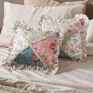 Peach Olive Floral Patchwork Pillow Covers 18x18, Ruffle Quilted Decorative Throw Cushion Set for Couch Bed Living Room, 2pcs