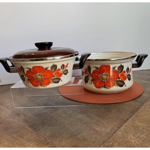 May include: Two off-white enamel pots with a speckled finish and a hand-painted orange floral design. The pots feature dark brown handles and a matching dark brown lid. The interior of the pots is cream-colored with a smooth, metallic rim.