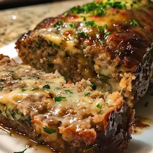 May include: A sliced meatloaf topped with melted cheese and fresh parsley, served on a white plate. The meatloaf has a rich, brown glaze and visible herbs within the meat mixture. A slice is separated, revealing the interior texture.