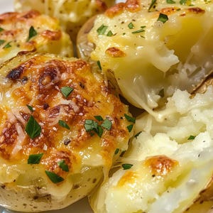 Könnte beinhalten: Nahaufnahme von Ofenkartoffeln, belegt mit geschmolzenem Käse und bestreut mit frischen Kräutern. Die Kartoffeln haben eine goldbraune Kruste und ein weiches, fluffiges Inneres. Ein köstliches und appetitliches Gericht.