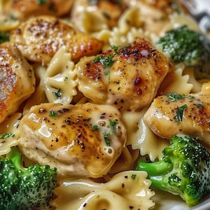 May include: A dish of bow tie pasta tossed with seared golden-brown chicken pieces and bright green broccoli florets, all coated in a creamy sauce with visible flecks of black pepper and fresh green herbs throughout the meal.