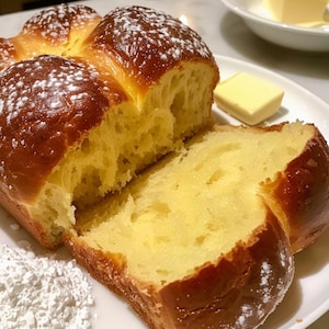 Puede incluir: Un pan de brioche dorado, recién horneado, espolvoreado con azúcar glas, está sobre un plato blanco. Una rebanada está cortada, revelando el interior amarillo y suave. Una porción de mantequilla está al lado del pan, con más mantequilla en un cuenco blanco.