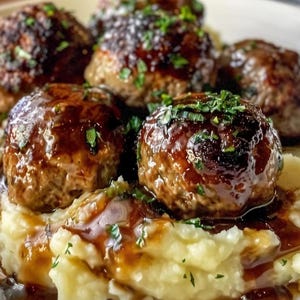 Könnte beinhalten: Eine Portion runder, gebräunter Fleischbällchen, glasiert mit einer dunklen, glänzenden herzhaften Soße und bestreut mit fein gehackten grünen Kräutern. Die Fleischbällchen sind auf einem Bett aus cremigem, weißem Kartoffelpüree angerichtet.