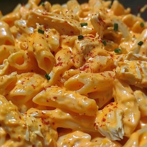 May include: A bowl of penne pasta coated in a creamy orange cheese sauce, topped with small green chive pieces and a light dusting of red paprika spice. The dish features visible shreds of white chicken meat mixed throughout the pasta.
