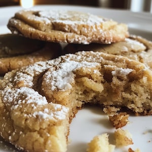 May include: Close-up of several golden-brown cookies dusted with powdered sugar on a white plate. One cookie has a bite taken out of it, revealing the soft interior. The cookies appear to be freshly baked.