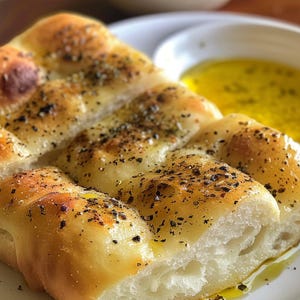 Puede incluir: Primer plano de pan focaccia, sazonado con hierbas y especias, servido en un plato blanco con aceite de oliva. El pan es de color marrón dorado y tiene una textura suave y aireada. Un pequeño cuenco de especias rojas está en el fondo.