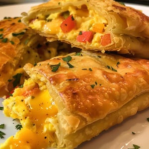 May include: Close-up of a savory breakfast pastry, cut open to reveal a filling of scrambled eggs, melted cheese, and diced red and orange bell peppers. The golden-brown, flaky crust is sprinkled with fresh green herbs.