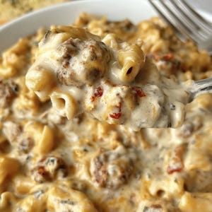 Puede incluir: Un tazón de pasta cremosa con carne picada dorada y trozos pequeños de tomates secos en una salsa blanca espesa. Un tenedor de metal levanta una porción de pasta, mostrando la textura de la carne, las formas tubulares y las hierbas.