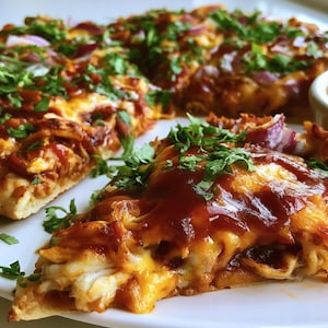 May include: A barbecue chicken pizza slice topped with melted cheddar cheese, red onion pieces, and fresh green cilantro. The pizza features a thick layer of dark red barbecue sauce spread over shredded chicken and a golden brown crust.