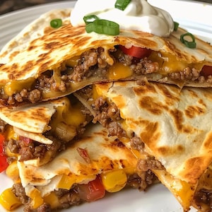 Puede incluir: Una quesadilla de tortilla de harina doblada, rellena de carne picada sazonada, queso cheddar amarillo derretido, trozos de pimiento rojo y granos de maíz amarillos. El plato está cubierto con una cucharada de crema agria y cebollino.
