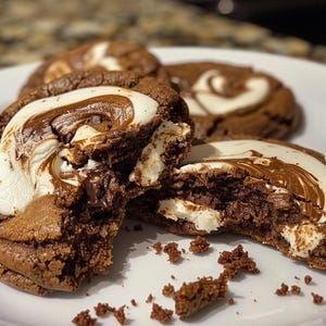 Puede incluir: Primer plano de galletas de chocolate con cobertura de malvavisco sobre un plato blanco. Una galleta está rota por la mitad, revelando un centro de malvavisco pegajoso. Las galletas son de color marrón oscuro con un remolino de chocolate.