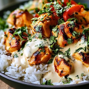 May include: A bowl of white rice topped with grilled chicken chunks, a creamy off-white sauce, sliced red bell peppers, and a generous garnish of chopped green herbs. The dish is served in a dark bowl, highlighting the contrast of colors.