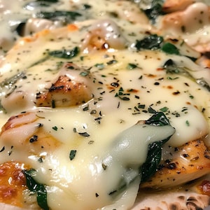 Könnte beinhalten: Eine Fladenbrot-Pizza belegt mit geschmolzenem weißem Käse, Stücken von gewürztem gegrilltem Hähnchen und dunkelgrünen Spinatblättern. Die Oberfläche ist mit kleinen getrockneten Kräutern bestreut und der Rand zeigt braune Röstspuren.