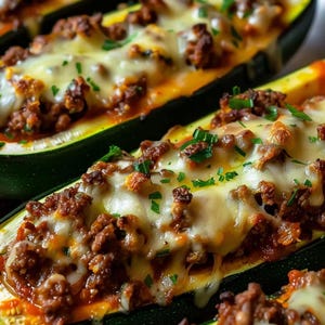 May include: Stuffed courgette boats filled with a savoury mixture of minced meat and tomato sauce, topped with melted white cheese and garnished with fresh green herbs. The dark green skin of the courgette contrasts with the warm, textured filling.