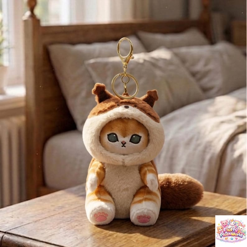 May include: A plush cat keychain with a brown and white striped design. The cat is wearing a hooded outfit with brown ears and a gold-colored keychain ring. The cat has a cute face with green eyes and pink paw pads.