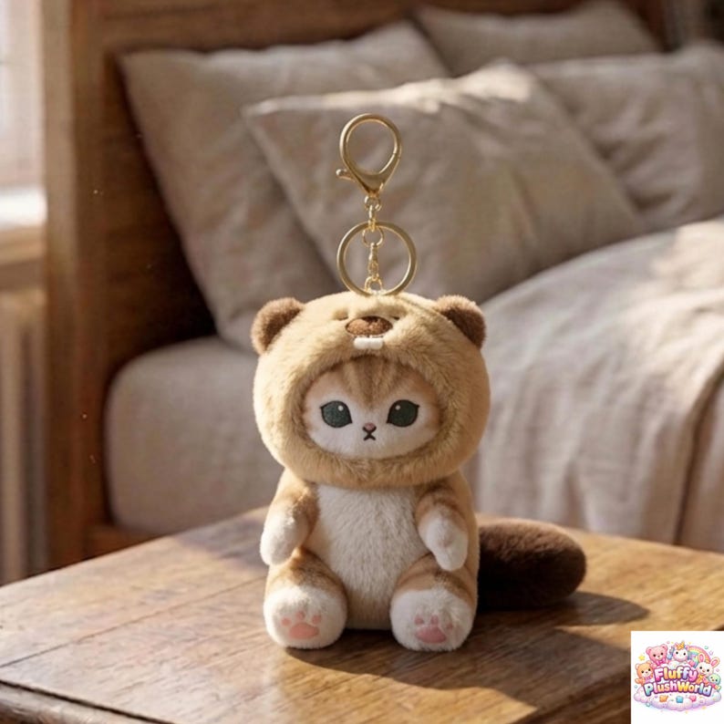 May include: A plush cat keychain wearing a brown bear hood. The cat has large, expressive eyes and a small pink nose. The keychain is made of soft, plush material and has a gold-colored metal ring for attaching to keys or bags.