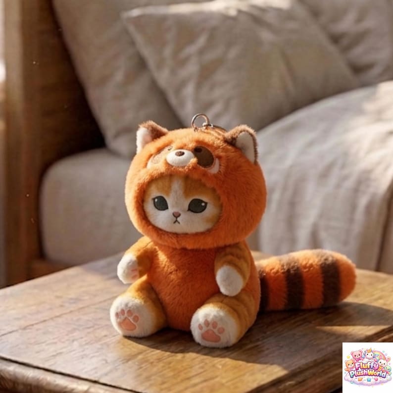 May include: A plush toy cat wearing an orange hooded costume with a bear design. The cat has white and orange fur, with a striped tail. The toy is sitting on a wooden surface.