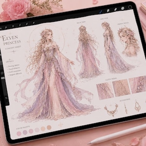 May include: Digital illustration of an "Elven Princess" concept sheet on a tablet. The design features a flowing gown in shades of pink and lavender, with gold accents. Additional views and details of the dress and accessories are included.
