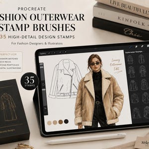 Puede incluir: Un producto de arte digital con pinceles de sellos de ropa de abrigo de moda Procreate. La imagen muestra una tableta que muestra bocetos de moda y un juego de cajas con 35 sellos de diseño de alto detalle. El texto dice "Fashion Outerwear Stamp Brushes".