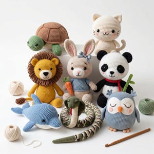 May include: A collection of handmade crochet animal toys, including a lion, turtle, cat, panda, owl, dolphin, snake, and bunny. Each toy is brightly colored and has detailed features. The toys are arranged on a white surface.
