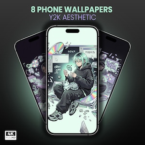 May include: Image of three smartphones displaying Y2K aesthetic wallpapers. The central phone shows an anime-style character with teal hair, a black hoodie, and a cat. The background includes computer elements and a CD. Text reads "8 PHONE WALLPAPERS Y2K AESTHETIC".