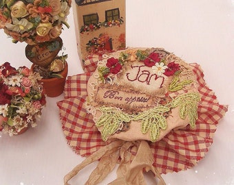 JAM POT COVER -Adjustable cover, Jam Jar, crazy patchwork, Vintage French lace, Rococo flowers, handmade in Australia