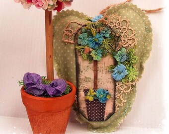 TOPIARY TREE - Scented  Heart Sachet, hand crafted potpourri, primitive crazy patchwork, handmade in Australia