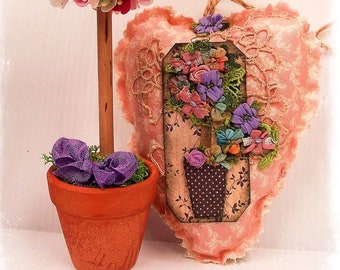 TOPIARY TREE - Scented  Heart Sachet, hand crafted potpourri, primitive crazy patchwork, handmade in Australia