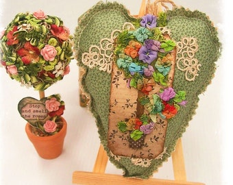 TOPIARY TREE - Scented  Heart Sachet, hand crafted potpourri, primitive crazy patchwork, handmade in Australia