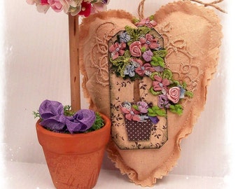 TOPIARY TREE - Scented  Heart Sachet, hand crafted potpourri, primitive crazy patchwork, handmade in Australia