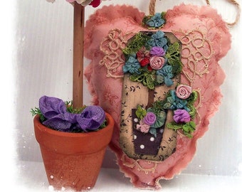 TOPIARY TREE - Scented  Heart Sachet, hand crafted potpourri, primitive crazy patchwork, handmade in Australia