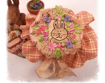 BUNNY RABBIT - adjustable Jar cover, crazy patchwork, Vintage French lace, Rococo flowers, handmade in Australia