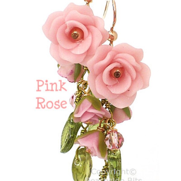 PINK ROSE, Artist Flower Earrings, Miniature Roses, Swarovski, 14k Gold Fill, Australian Made