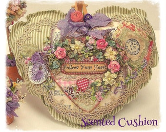 FOLLOW YOUR HEART- Large Scented Heart Sachet, Crazy patchwork, primitive, Vintage French Rococo, Vintage lace, Made in Australia