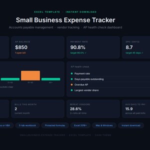 May include: A dark blue Excel template for a small business expense tracker. The dashboard displays key financial metrics, including total billed, AP balance, payment rate, and average days to pay. The text "Small Business Expense Tracker" is at the top.