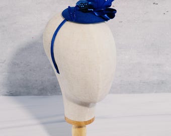 Agatha-Blue Teardrop Fascinator: Sapphire Satin Feathers, Beaded Accent