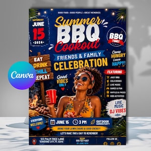 May include: A Summer BBQ Cookout flyer featuring a person with dark curly hair wearing a floral top and sunglasses, holding a red cup. The text includes Summer BBQ Cookout, Friends & Family Celebration, June 15 2024, and event details.