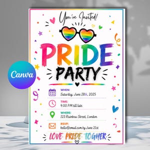 Op de afbeelding: Een kleurrijke Pride Party uitnodiging met regenboog hartvormige zonnebril en de tekst "PRIDE PARTY". Details omvatten datum, tijd, locatie (123 Rainbow Street, London) en RSVP-informatie. Het Canva logo is zichtbaar.