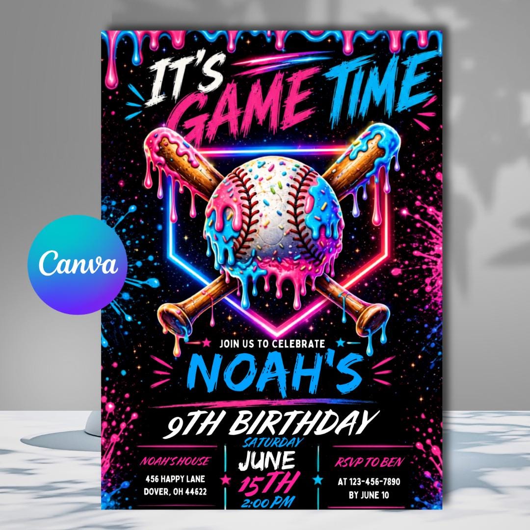 Baseball Drip Birthday Invitation, Editable Canva Template, Ice Cream Drip Party Invite, S