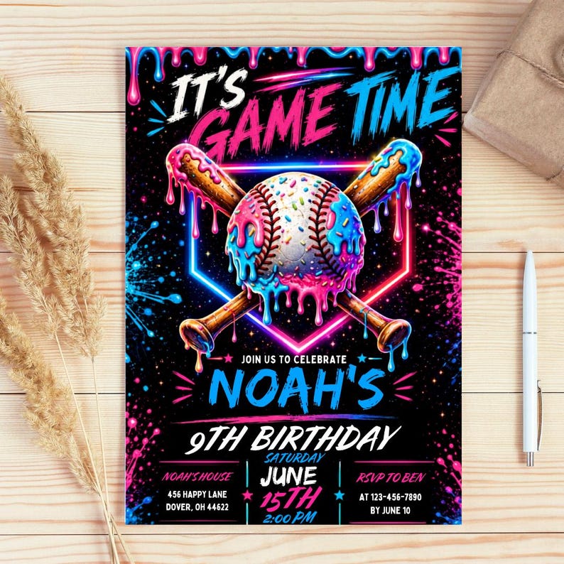 Baseball Drip Birthday Invitation, Editable Canva Template, Ice Cream Drip Party Invite, Sports Boy Birthday, Instant Download