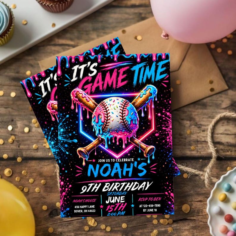 Baseball Drip Birthday Invitation, Editable Canva Template, Ice Cream Drip Party Invite, Sports Boy Birthday, Instant Download