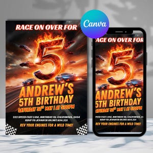 May include: A birthday invitation with a race car theme. The number 5 is in flames, with race cars and the text "Andrew's 5th Birthday". Includes event details and the phrase "Rev your engines for a wild time!"