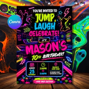 Puede incluir: Un folleto de invitación de cumpleaños con temática de neón que muestra siluetas de personas saltando, con el texto: YOU'RE INVITED TO JUMP, LAUGH CELEBRATE! IT'S MASON'S 10TH BIRTHDAY! Incluye fecha 25 de agosto, hora 14:00 a 17:00 y lugar Mason's Jump Zone.