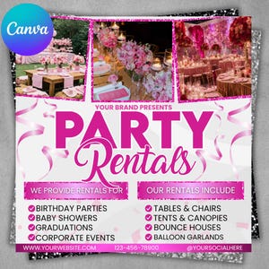 Puede incluir: Un folleto promocional cuadrado para alquiler de artículos de fiesta con tres imágenes de decoraciones con flores rosas. El texto dice: YOUR BRAND PRESENTS PARTY RENTALS, WE PROVIDE RENTALS FOR, OUR RENTALS INCLUDE, BIRTHDAY PARTIES, BABY SHOWERS, GRADUATIONS, CORPORATE EVENTS, TABLES & CHAIRS, TENTS & CANOPIES, BOUNCE HOUSES, BALLOON GARLANDS, WWW.YOURWEBSITE.COM, 123-456-78900, @YOURSOCIALHERE.