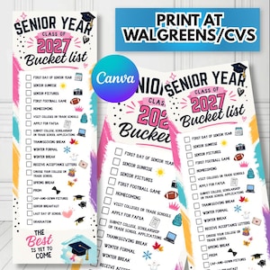 May include: A vertical Senior Year Class of 2027 bucket list checklist featuring a white background with colorful brush strokes, checkboxes, and icons for events like graduation, prom, and football games, with the text The Best Is Yet To Come.