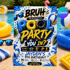 Bruh Pool Party Birthday Invitation, Boy Summer Swim Party Invite, Editable Canva Template